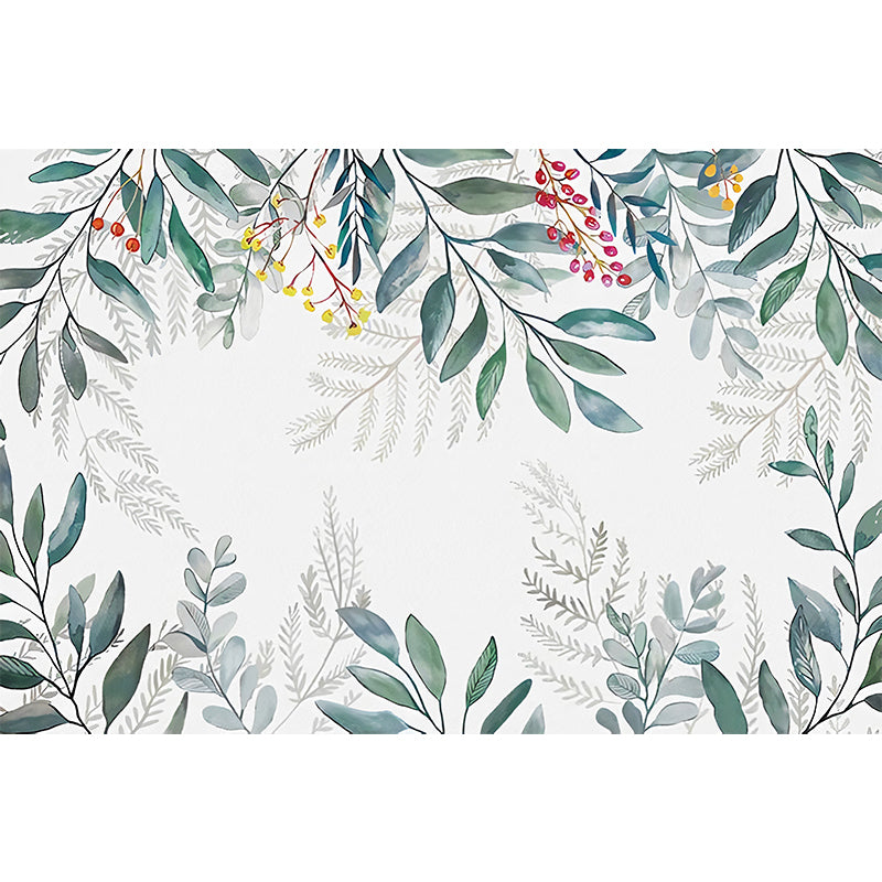 Full Nordic Mural Wallpaper Pastel Green Leaf and Stem Wall Decor, Made to Measure