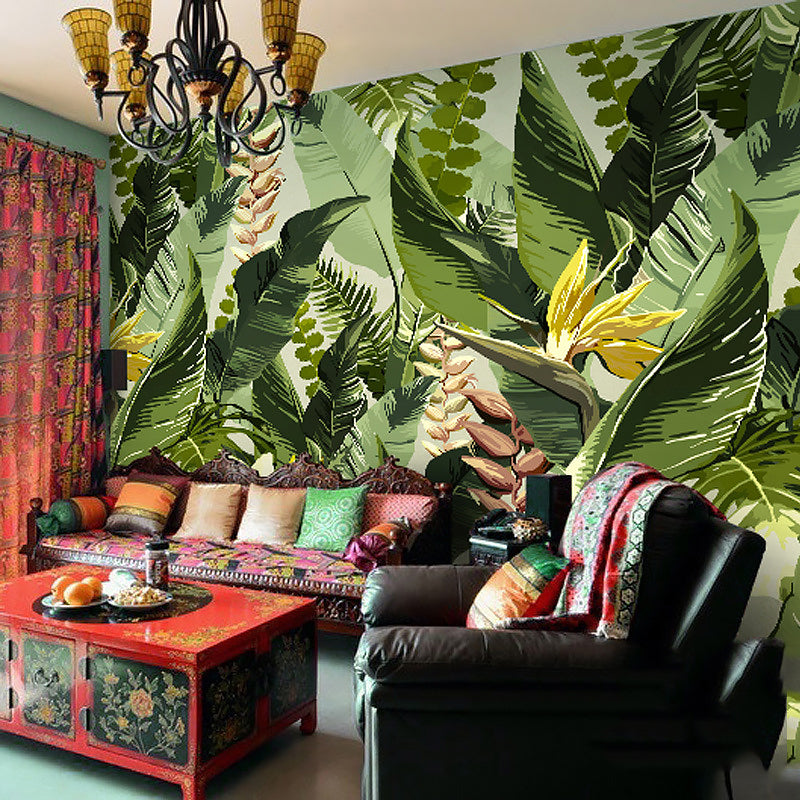 Tropical Leaves Wall Covering in Green, Fresh Mural Wallpaper for Thai Restaurant