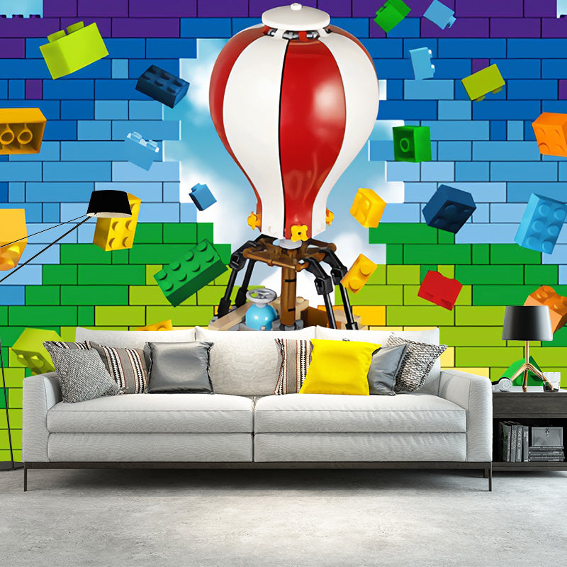 Full Illustration Contemporary Mural Wallpaper for Children with Toy Brick and Balloon Design in Multi-Color