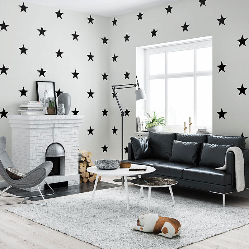 Minimalist Star Wall Covering in Black and White Children's Bedroom Wallpaper Roll, 20.5-inch x 33-foot