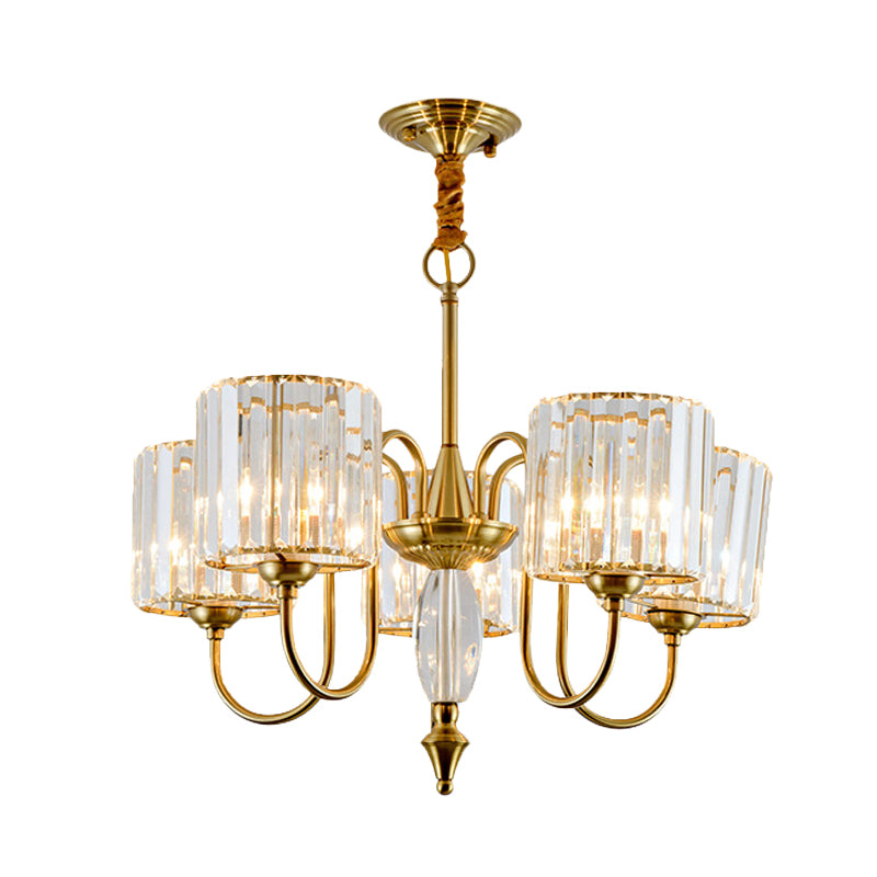 5 Lampen -Pendellicht mit Drum Shade Crystal Block Modernismus Esszimmer Deckenkraut in Gold