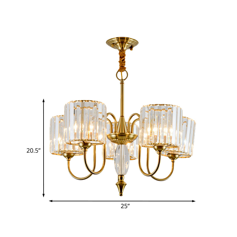 5 Lampen -Pendellicht mit Drum Shade Crystal Block Modernismus Esszimmer Deckenkraut in Gold