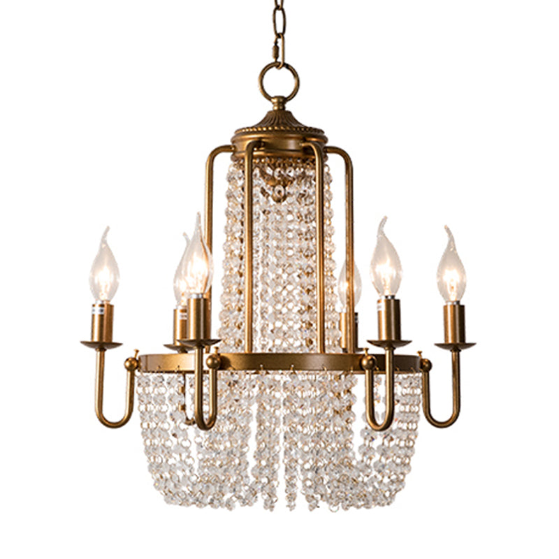 Crystal Strand Gold Chandelier Lighting Basket 6-Light Farmhouse Candle Hanging Pendant