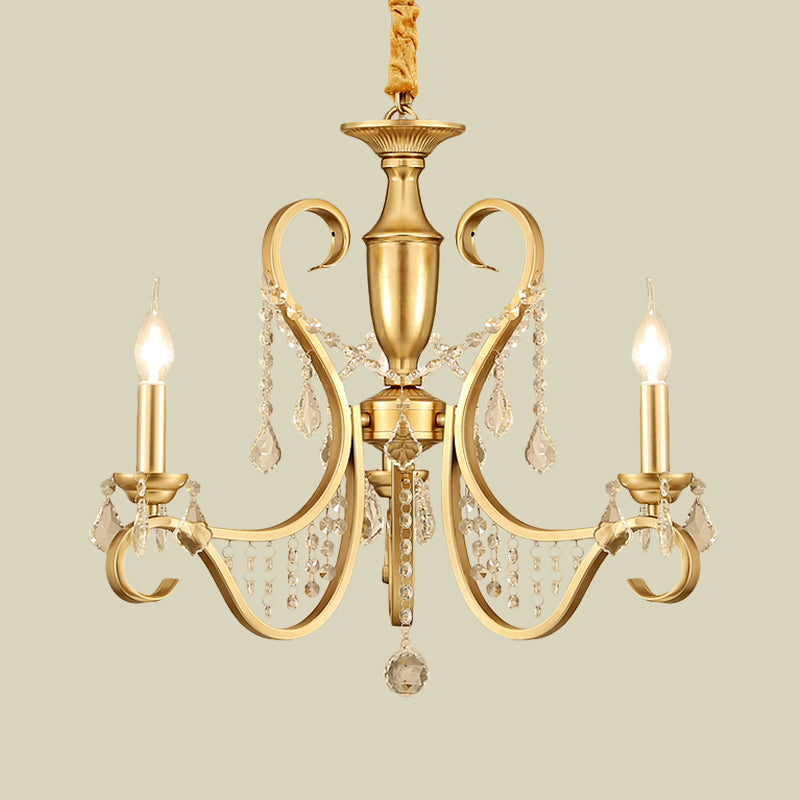 Gold 3-Light Ceiling Chandelier Countryside Metal Candelabra Pendant Lighting with Crystal Accent
