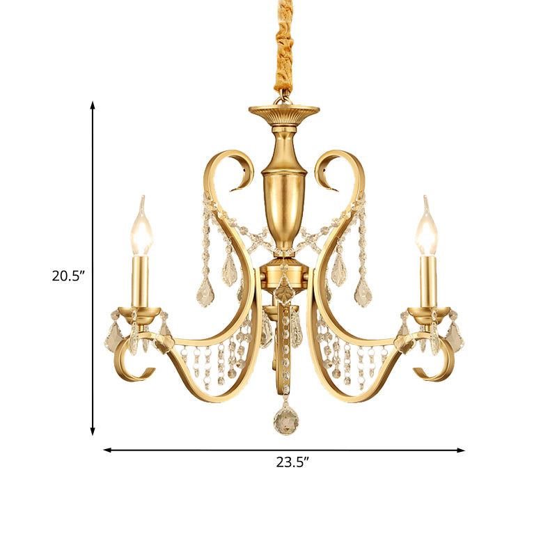 Gold 3-Light Ceiling Chandelier Countryside Metal Candelabra Pendant Lighting with Crystal Accent