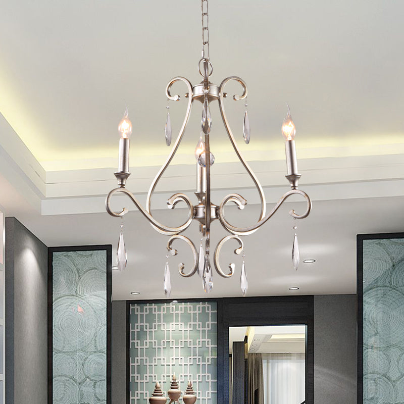 Crystal Teardrop Suspension Light Farmhouse 3 Heads Bedroom Candle Pendant Chandelier in Gold with Scroll Arm