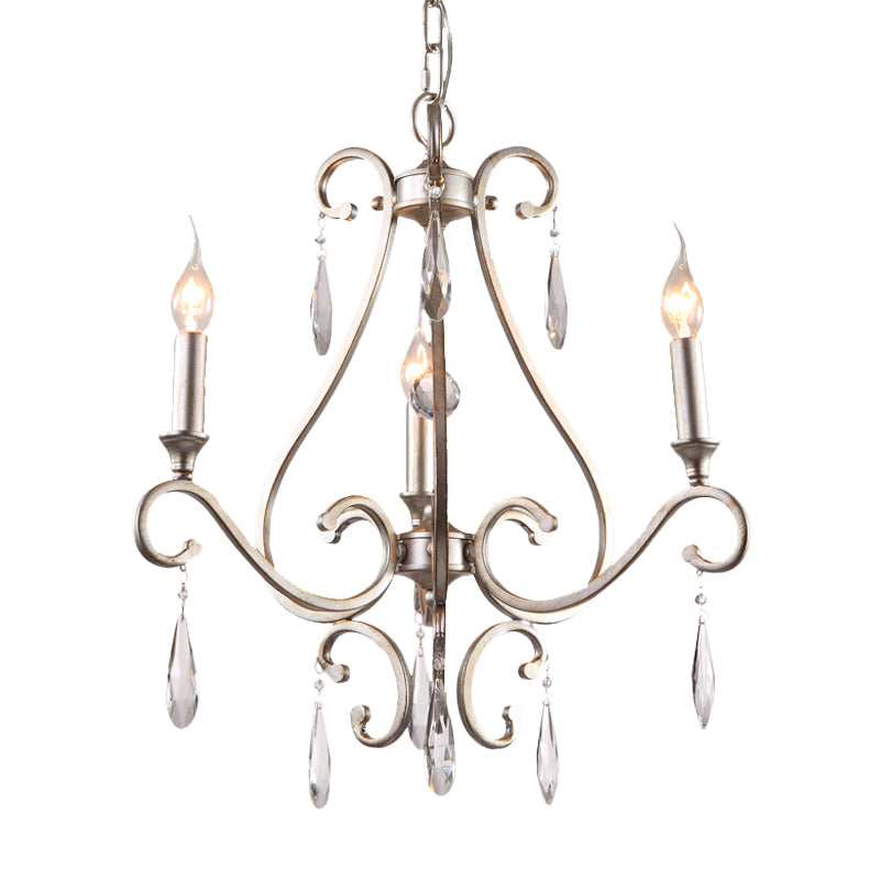 Crystal Teardrop Suspension Light Farmhouse 3 Heads Bedroom Candle Pendant Chandelier in Gold with Scroll Arm