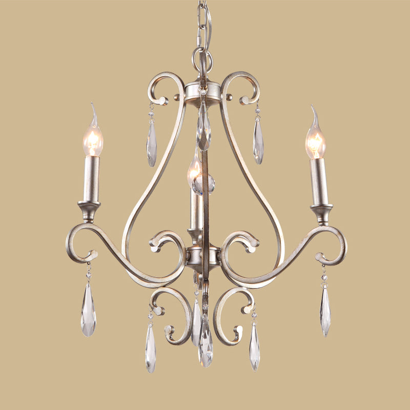 Crystal Teardrop Suspension Light Farmhouse 3 Heads Bedroom Candle Pendant Chandelier in Gold with Scroll Arm