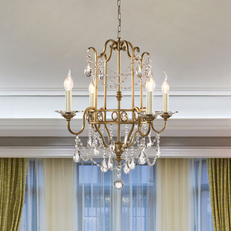 Farmhouse Candelabra Pendant Light Kit 4 Heads Crystal Swag Ceiling Chandelier in Gold