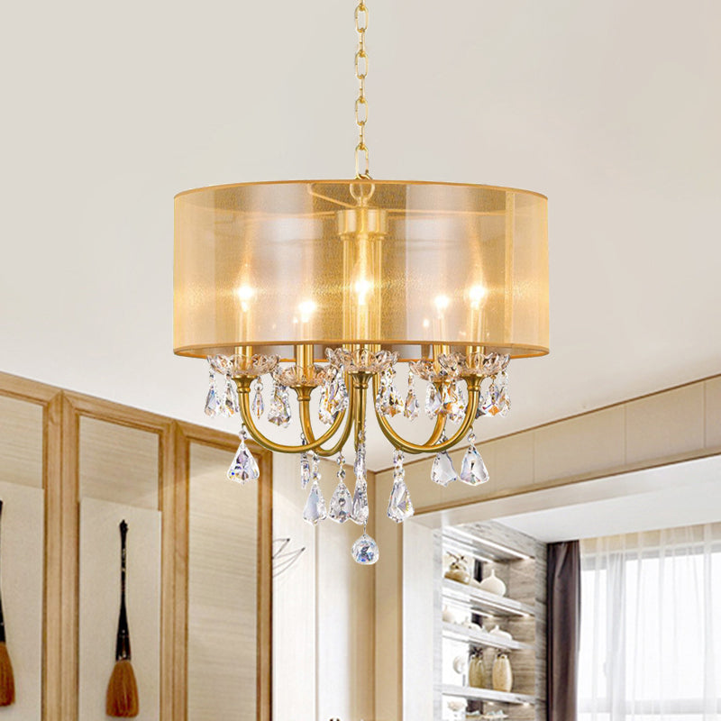 Clear Crystal Glass Candle Ceiling Pendant Light Warehouse 5 Lights Dining Room Chandelier with Drum Threaded Silk Shade in Brass
