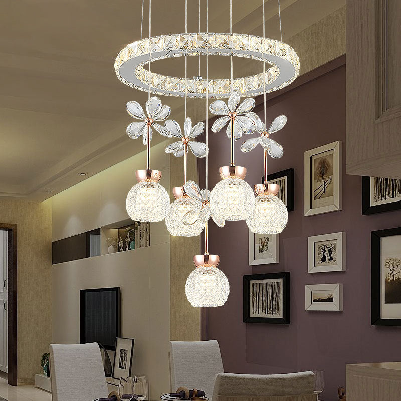 Chrome LED Hanging Lighting Modernist Clear Beveled Crystal Dome and Ring Pendulum Lamp with Flower Design