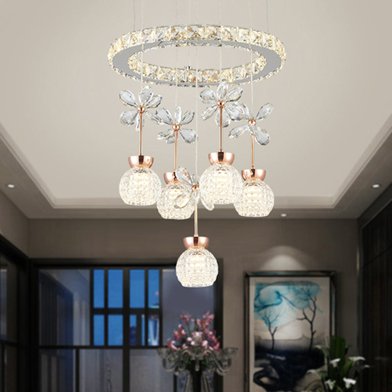 Chrome LED Hanging Lighting Modernist Clear Beveled Crystal Dome and Ring Pendulum Lamp with Flower Design