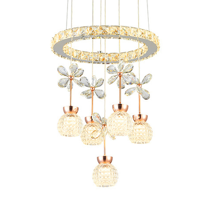 Chrome LED Hanging Lighting Modernist Clear Beveled Crystal Dome and Ring Pendulum Lamp with Flower Design
