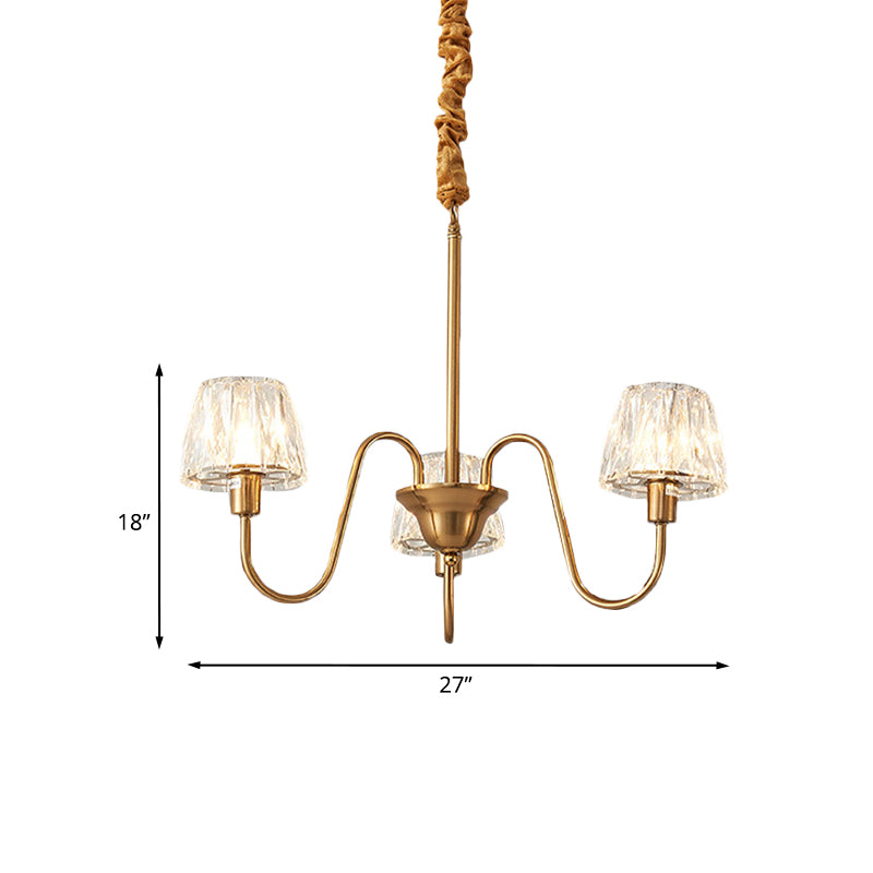 3/6 Bulbs Conical Chandelier Lighting Contemporary Gold Finish Faceted Crystal Pendulum Lamp with Gooseneck Arm