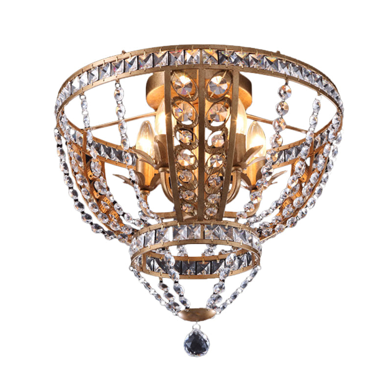 Farmhouse Bowl Frame Flushmount Light 5 Heads Crystal Swag Ceiling Mounted Fixture in Gold