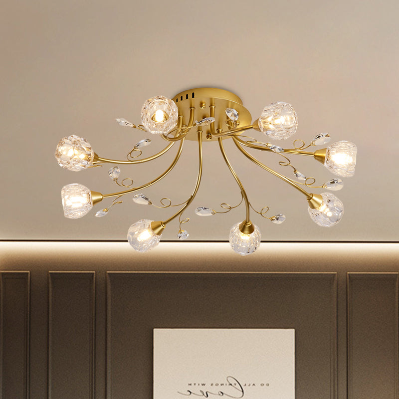 Faceted Crystal Globe Semi Flush Lighting Modernist 8-Light Restaurant LED Close to Ceiling Lamp in Gold