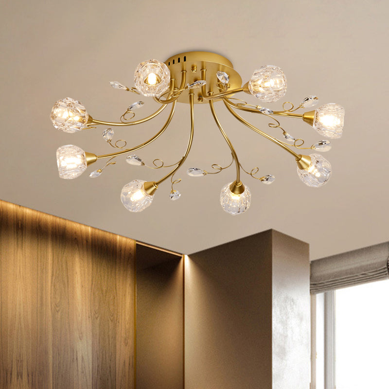 Faceted Crystal Globe Semi Flush Lighting Modernist 8-Light Restaurant LED Close to Ceiling Lamp in Gold