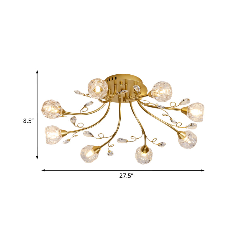 Faceted Crystal Globe Semi Flush Lighting Modernist 8-Light Restaurant LED Close to Ceiling Lamp in Gold