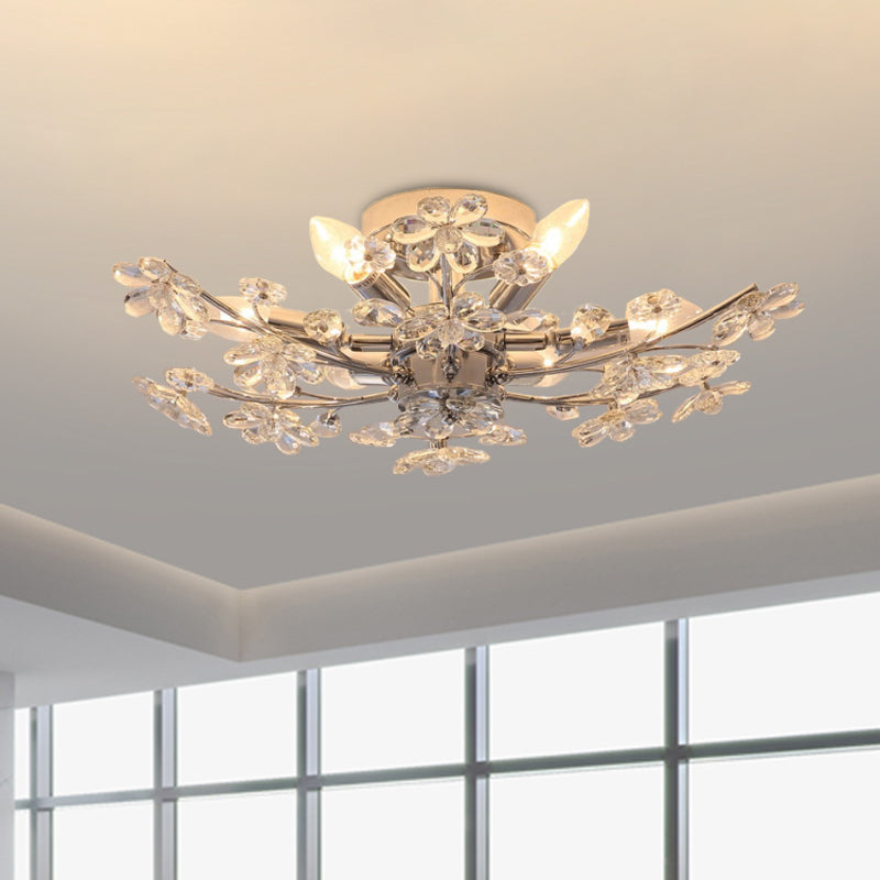 Chrome afwerking tak semi spoeling verlichting modernistische 6 lichten bloem kristal spoeling mount