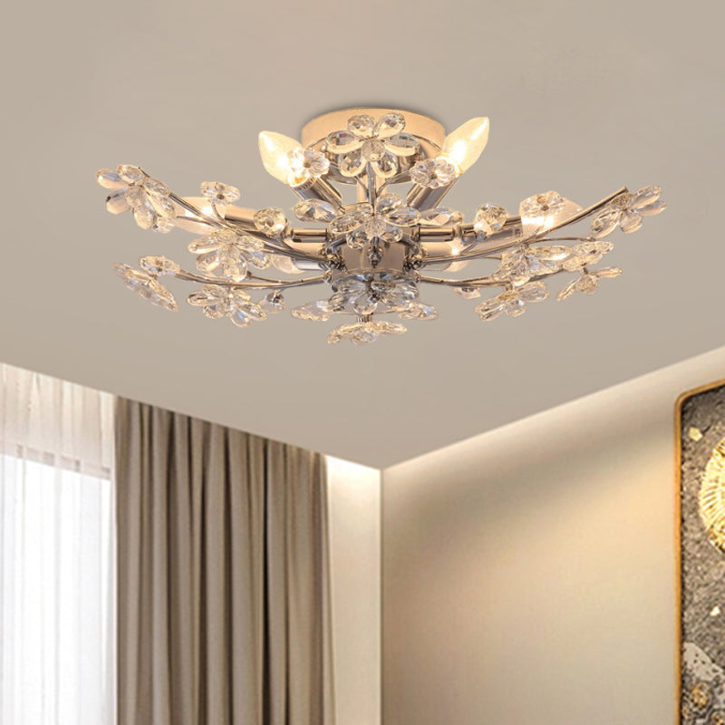 Chrome afwerking tak semi spoeling verlichting modernistische 6 lichten bloem kristal spoeling mount