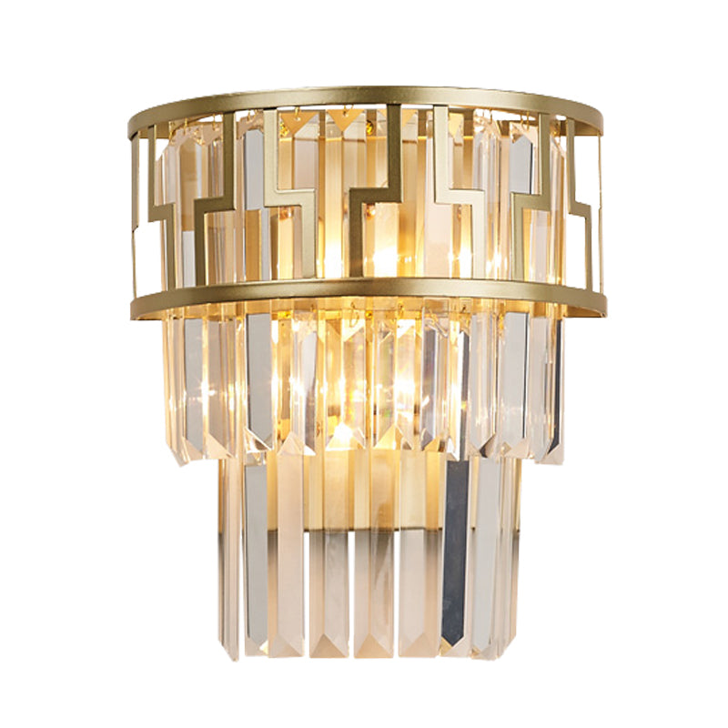 Tiered Bedside Flush Wall Sconce Rectangle-Cut Crystal 2 Lights Modern Wall Lamp in Gold