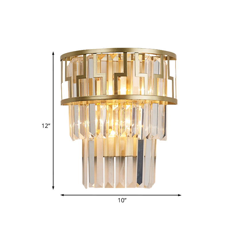 Tiered Bedside Flush Wall Sconce Rectangle-Cut Crystal 2 Lights Modern Wall Lamp in Gold
