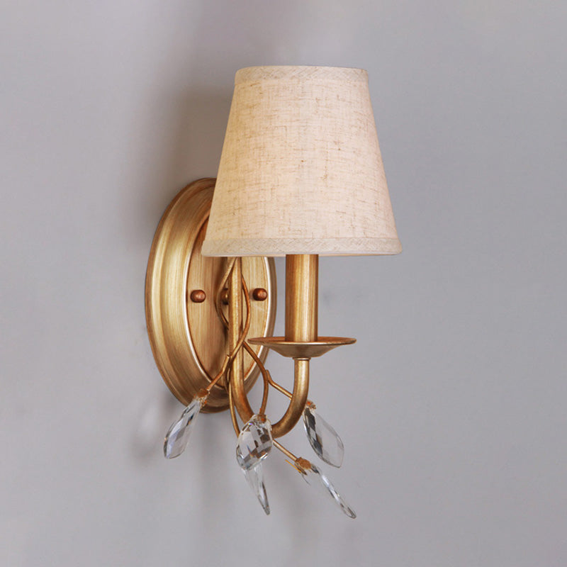 1-Light Barrel Wall Mount Lighting Country Style Gold Finish Fabric Wall Lamp with Branch Crystal Deco
