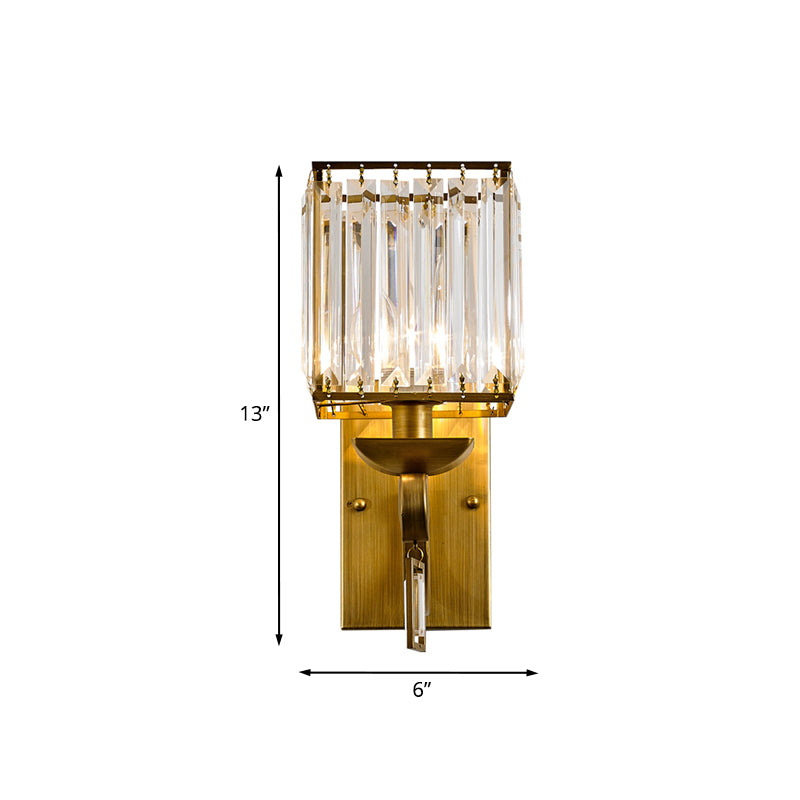 Modernist Cuboid Wall Light Sconce 1-Bulb Crystal Block Wall Mount Lamp Fixture in Brass