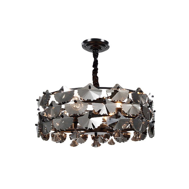 6 luci a pendente lampadario modernista modernista a forma di batteria cristallo ginkgo lampada sospesa in nero