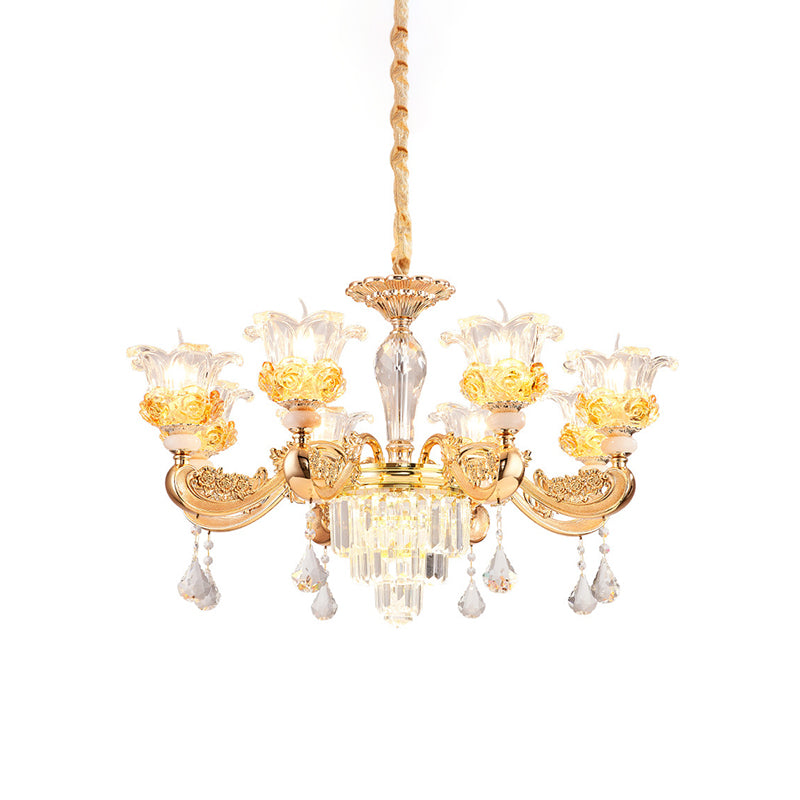 Kristalbloemen omhoog kroonluchter traditionele 8 bollen woonkamer hanglamp lamp in goud in goud