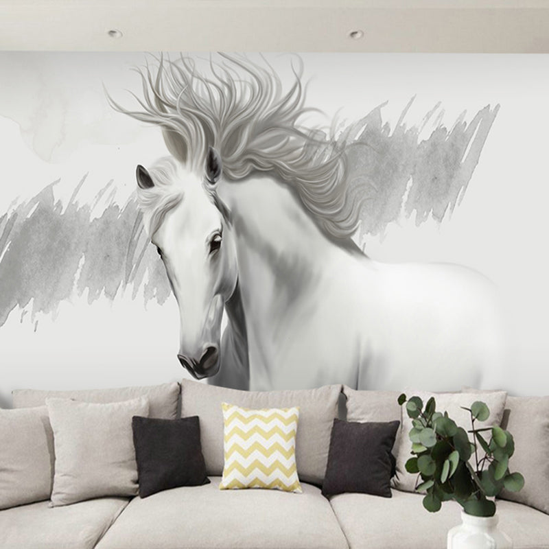 Minimalist Horse Wall Art in Grey and White Coffee Shop Mural Wallpaper, Personalized Size Available