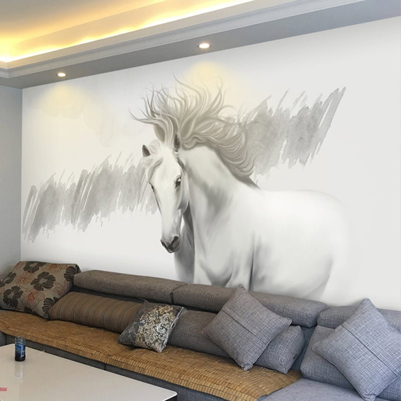 Minimalist Horse Wall Art in Grey and White Coffee Shop Mural Wallpaper, Personalized Size Available