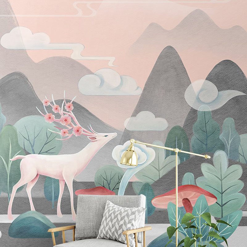 Contemporary Grey and Green Mural with Deer and Mountain Pattern for Commercial Use, Non-Woven Material