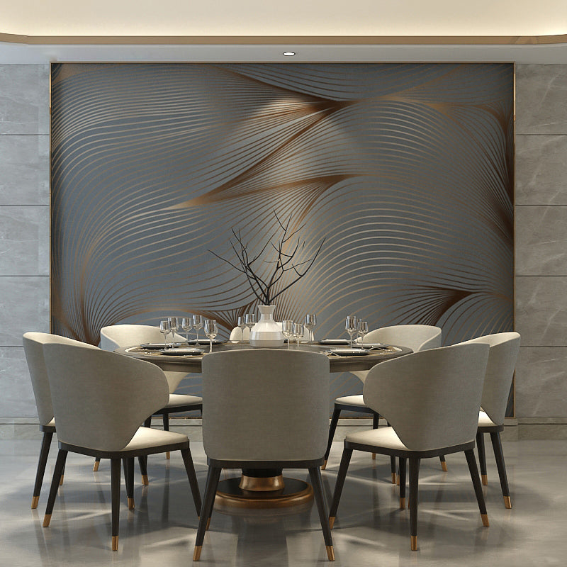 Big Cluster Line Wall Mural Grey and Gold Non-Woven Fabric Wall Covering for Coffee Shop, Personalized Size Available