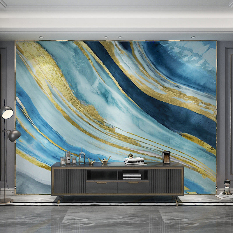 Extra Large Watercolors Mural Scandinavian 3D Effect Stripe Wall Covering in Blue