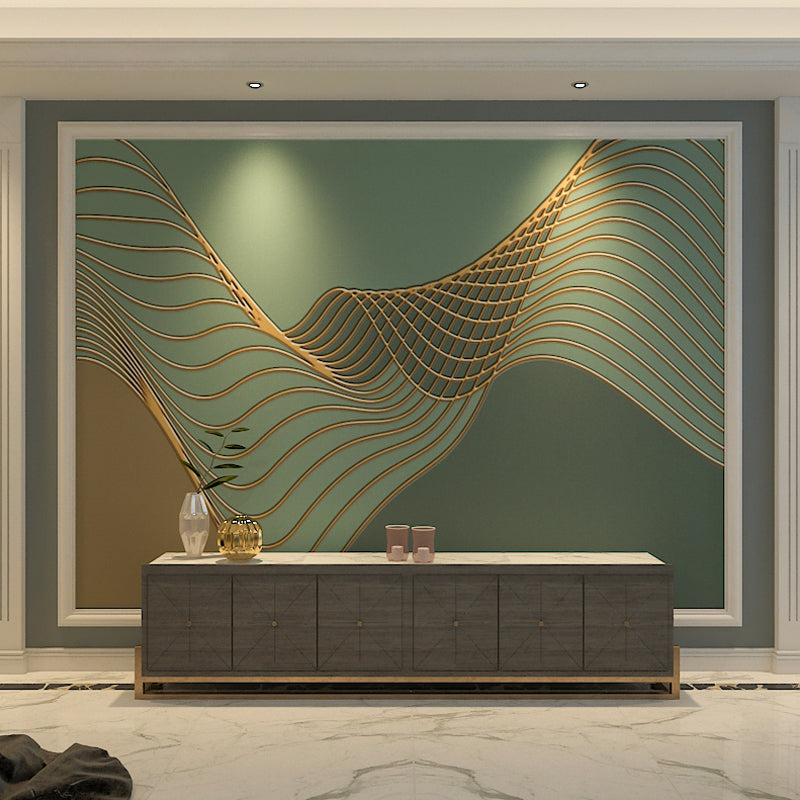 Modern Green Mural Wallpaper with 3D Print Swirled Line Design for Living Room, Non-Woven Material