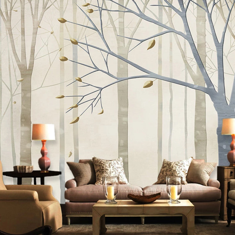 Illustration Style Forest Mural Full Size Wall Art in Grey and Coffee for Bedroom, Custom-Made