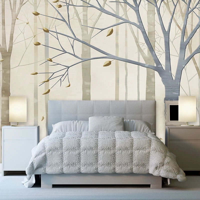 Illustration Style Forest Mural Full Size Wall Art in Grey and Coffee for Bedroom, Custom-Made