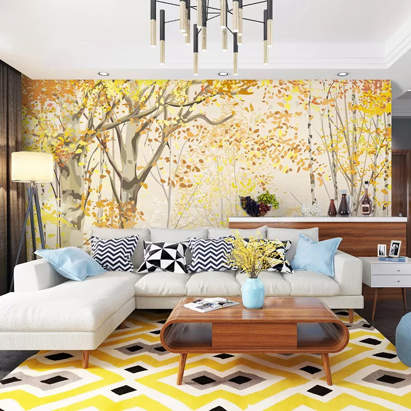 Extra Large Nostalgic Wall Decor Yellow Autumn Forest Wall Mural, Customized Size Available