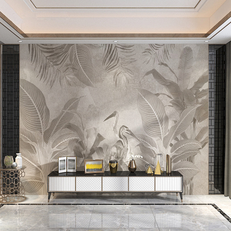 Taupe Coffee Tropical Forest Mural Stain-Resistant Wall Covering for Living Room