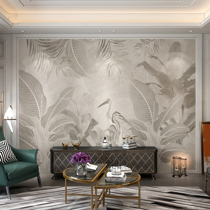 Taupe Coffee Tropical Forest Mural Stain-Resistant Wall Covering for Living Room