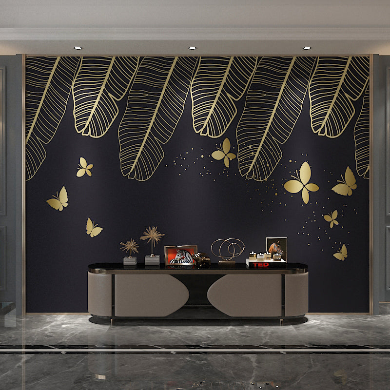 Big Illustration Style Leaf Mural for Living Room in Gold and Black, Personalized Size Available
