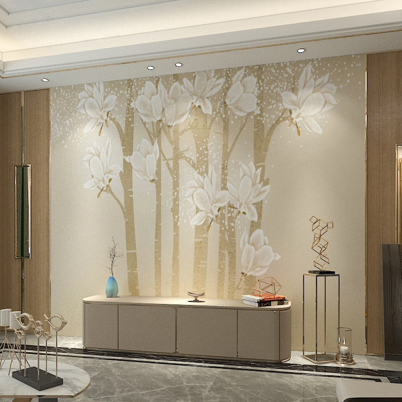 Customized Illustration Minimalist Mural Wallpaper for Living Room with Elegant Magnolia in Beige and Yellow