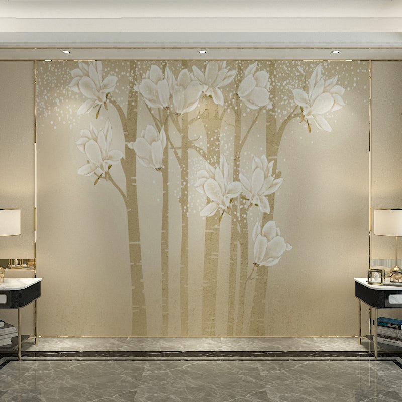 Customized Illustration Minimalist Mural Wallpaper for Living Room with Elegant Magnolia in Beige and Yellow
