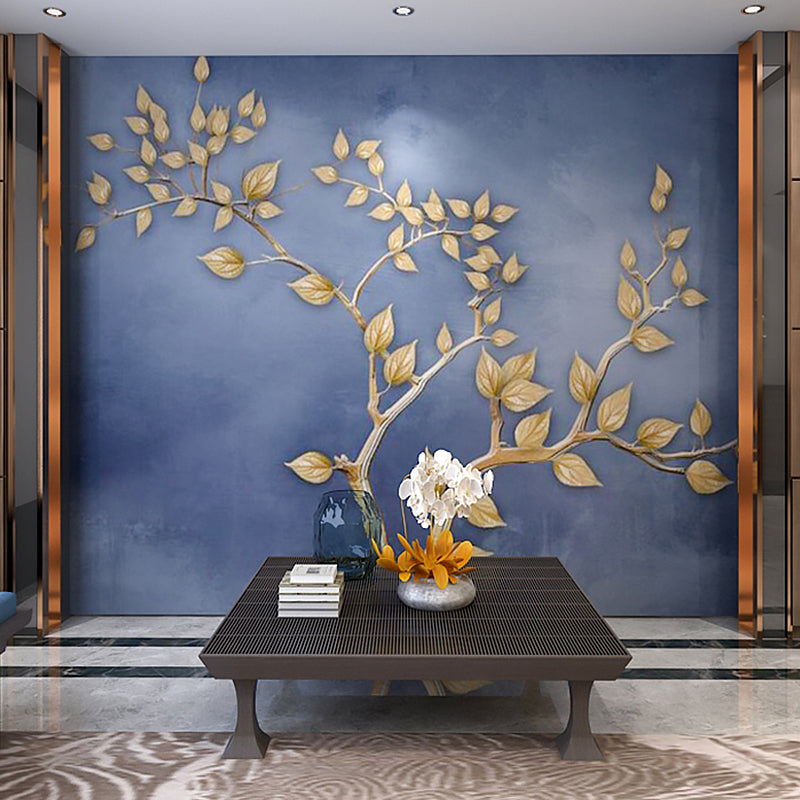 Giant Leaf and Cloud Mural Contemporary Novelty 3D Effect Wall Decor in Blue and Gold