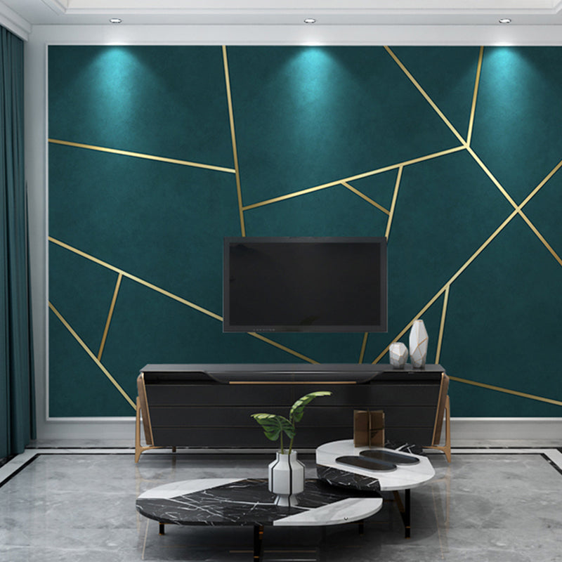Simple Line and Geometries Mural Wallpaper for Home Decoration, Extra Large Wall Art in Dark Green and Gold