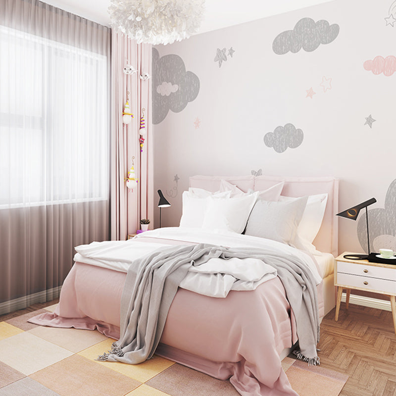 Cute Cloud Wall Decor for Children Fresh Wall Mural in Grey and Pink, Made to Measure