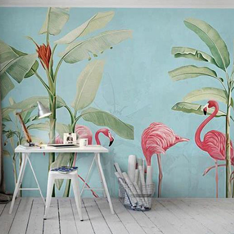 Illustration Flamingo and Leaf Mural Full Size Wall Art for Coffee Shop, Custom-Printed