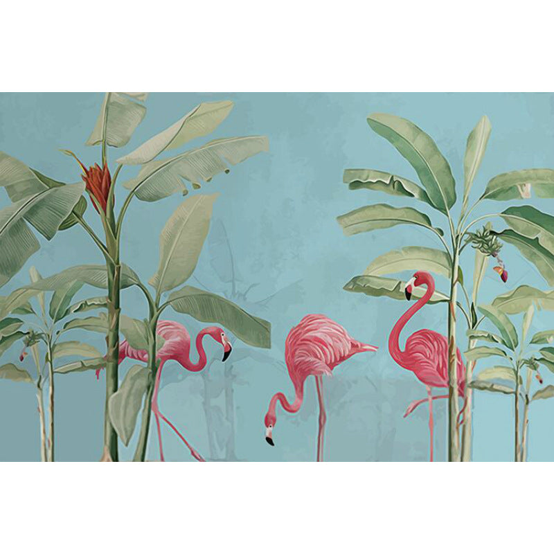 Illustration Flamingo and Leaf Mural Full Size Wall Art for Coffee Shop, Custom-Printed