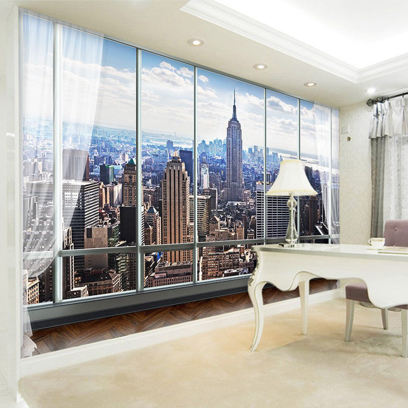 Waterproofing 3D City Wall Art Contemporary Mural Wallpaper for Meeting Room in Blue and Brown
